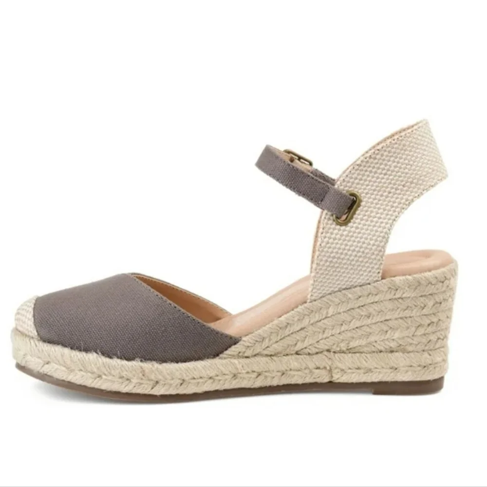 Tru Comfort Espadrille - Gray w/ Raffia Wedge - Canvas Textile Wide Width 8
